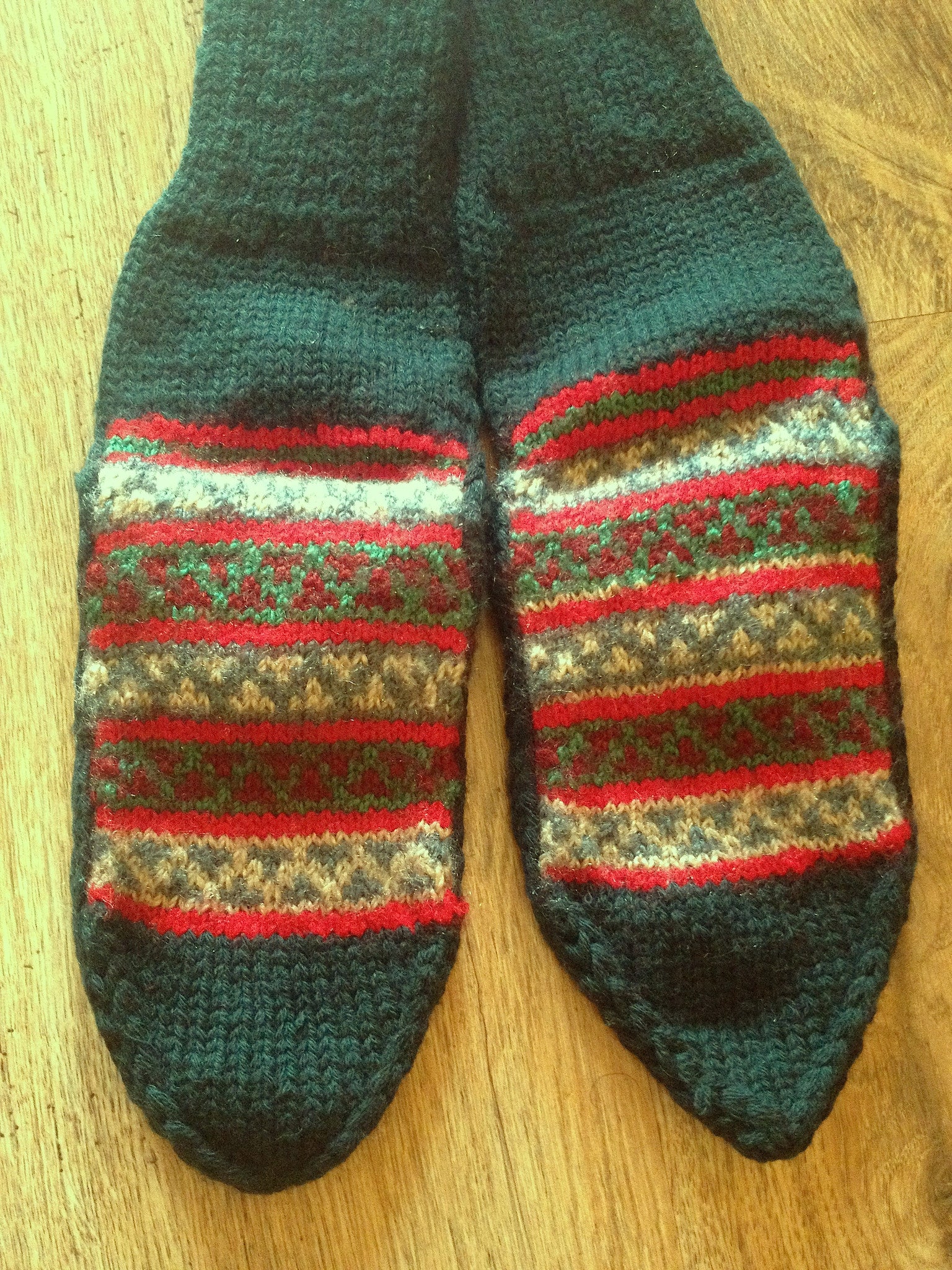 Woolen Socks, Military Green With Colourful Pattern