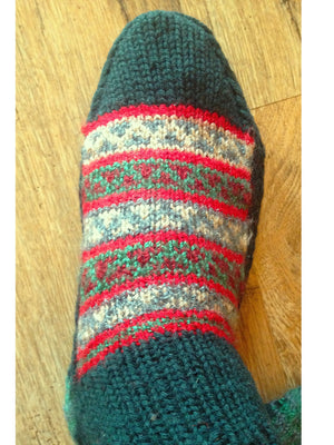 Woolen Socks, Military Green With Colourful Pattern